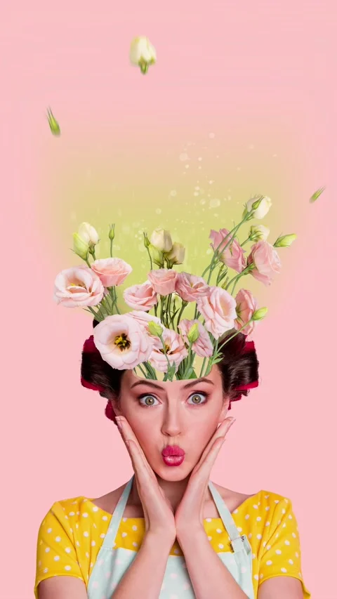 Creative motion collage video of excited housemaid pouted lips spring bouquet Stock Footage 301633255