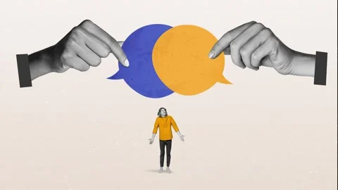 Creative motion collage video of hands hold bubble communication chatterbox Stock Footage 302987711
