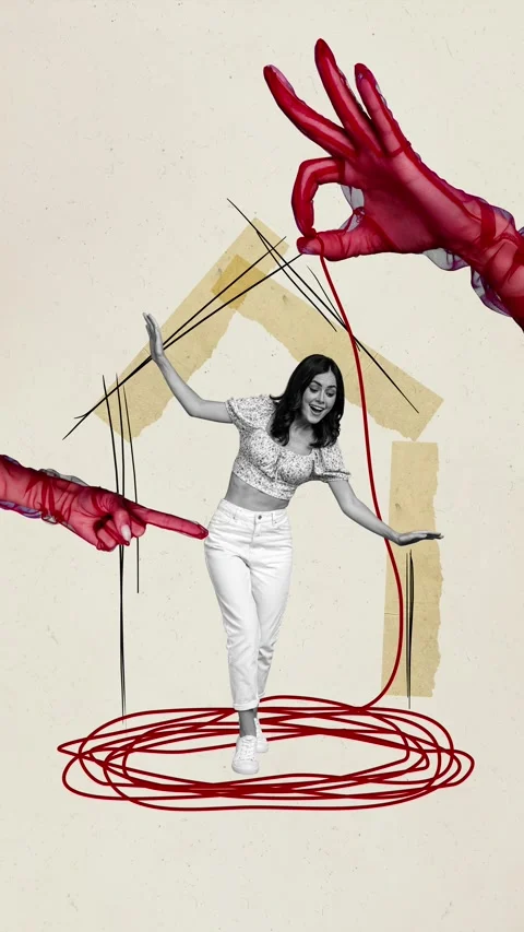 Creative motion collage video of happy girl stand doodle line Stock Footage 301514905