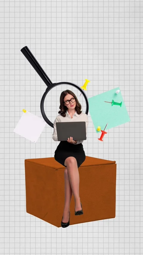 Creative motion collage video of happy businesswoman sit cube hold laptop Stock Footage 301515113