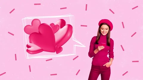 Creative motion collage video of happy girl hold phone heart valentine day Stock Footage 301632127