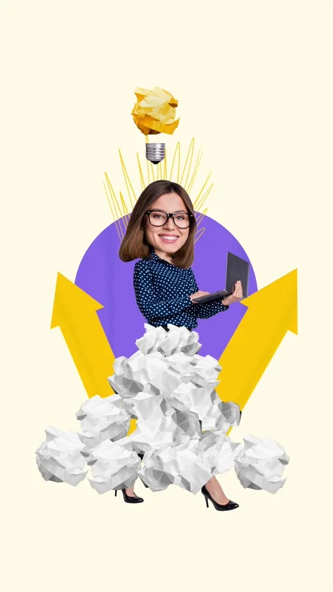 Creative motion collage video of happy businesswoman hold laptop light bulb idea Stock Footage 301633627