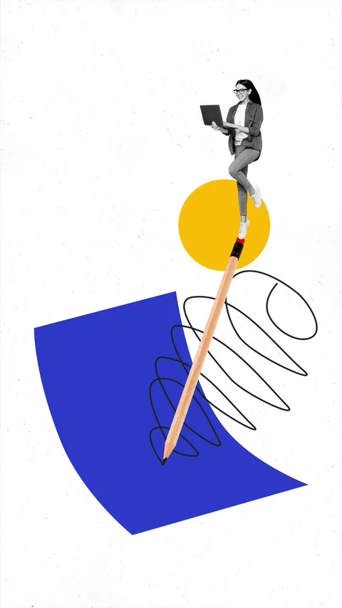 Creative motion collage video of happy businesswoman stand one leg pencil Stock Footage 302158892