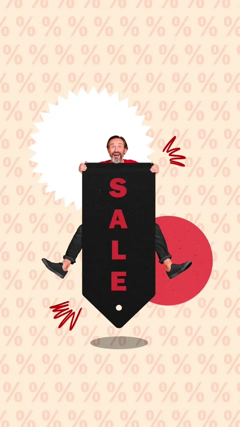 Creative motion collage video of happy man climb price label promo Stock Footage 302374914