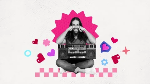 Creative motion collage video of happy hipster man listen music retro boombox Stock Footage 302375134