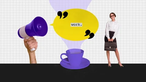 Creative motion collage video of happy businesswoman stand coffee work bullhorn Stock-Footage 303157702