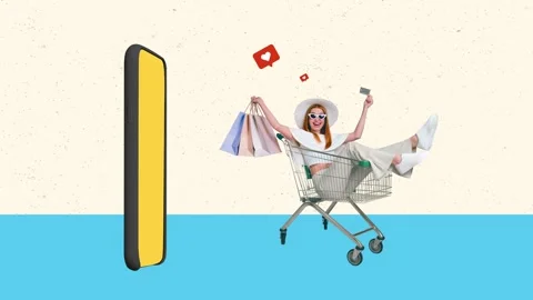 Creative motion collage video of happy girl ride trolley hold credit card Video stock 303819280