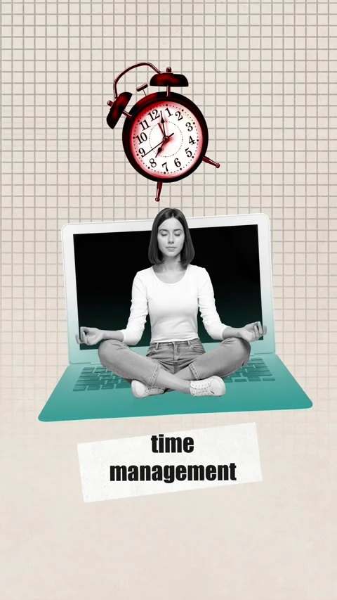 Creative motion collage video of happy girl do yoga time management laptop clock 動画素材 303820986
