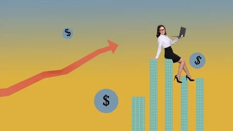 Creative motion collage video of happy businesswoman hold laptop dollar arrow Stock Footage 304501133