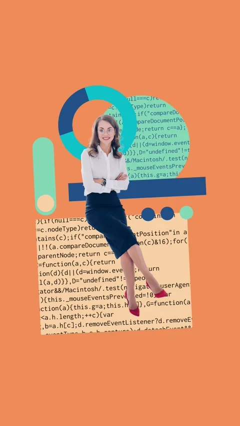 Creative motion collage video of happy businesswoman sit digital code hacking Stockbeeldmateriaal 305446383