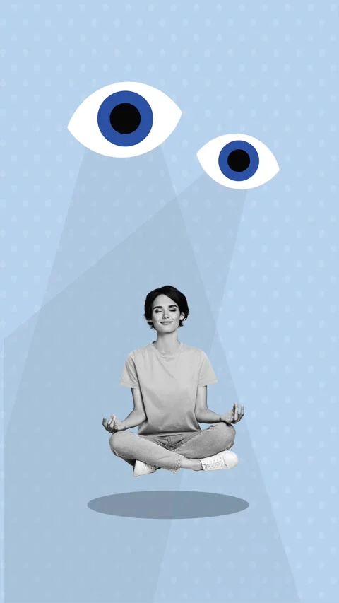 Creative motion collage video of happy girl do yoga sit eyeball stare control Stock Footage 310671276