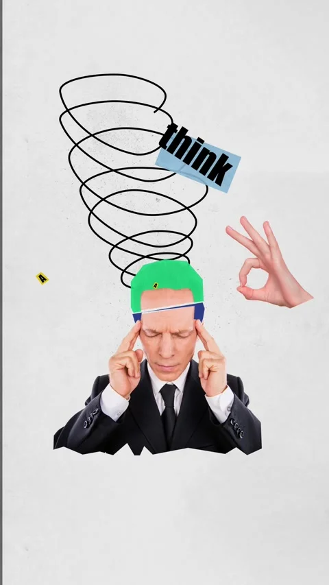 Creative motion collage video of man cut head think plan okay gesture Video stock 303819910