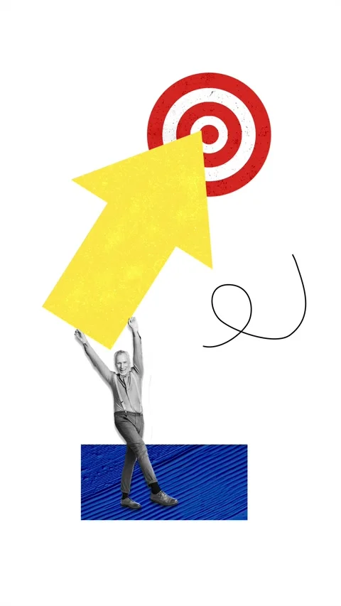 Creative motion collage video of old businessman hold arrow pointer target Stock Footage 302992213