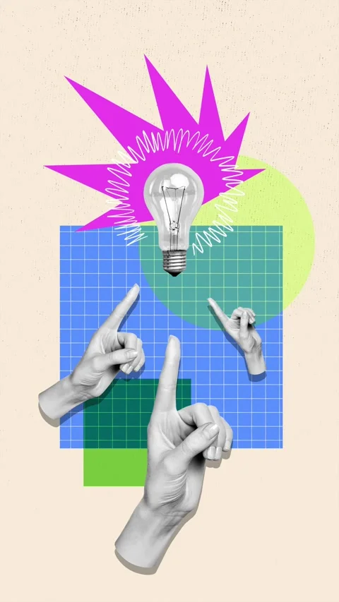 Creative motion collage video of people hands index fingers show light bulb Video stock 302991844