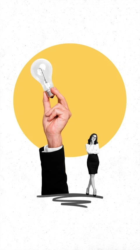 Creative motion collage video of serious minded girl think light bulb Stock Footage 302159075