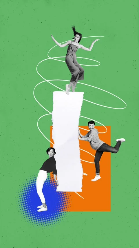 Creative motion collage video of three shocked girls happy guy business partners Stock Footage 302990971