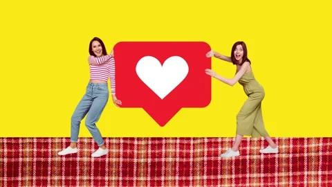 Creative motion collage video of two happy girls hold heart blogging Video stock 301633157