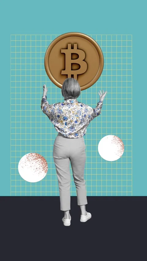 Creative motion pop collage video of anonym woman stand back catch bitcoin coin Video stock 309510580