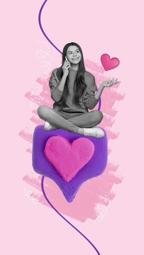 Creative motion pop collage video of happy girl smm manager sit like speak phone Stock Footage 312316459