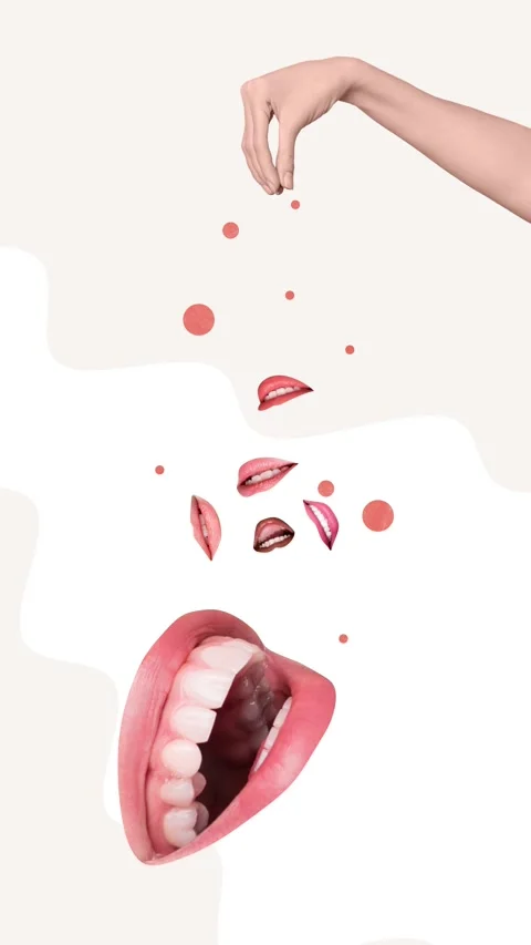 Creative motion trend collage video of hand pour mouth emotions eat lips eat Stock-Footage 301630086
