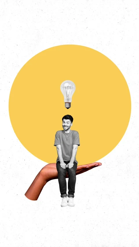 Creative  motion trend collage video of happy man sit human palm light bulb Stock Footage 302158732