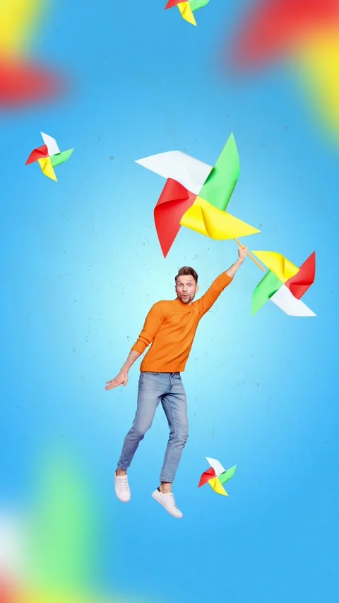 Creative motion trend collage video of excited amazed guy hold pinwheel toy Stock Footage 302985164