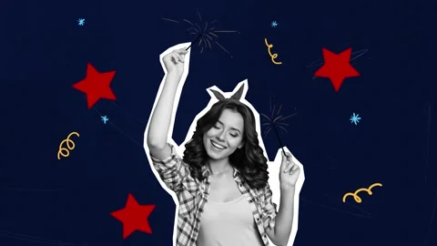 Creative motion trend collage video of happy girl hold bengal fireworks new year Video stock 302989921