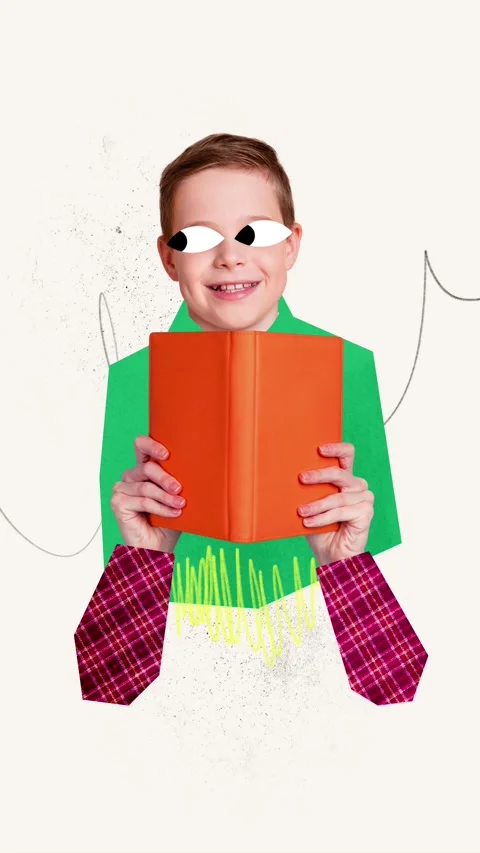 Creative motion trend collage video of happy small boy eyeball stare hold book Stock Footage 303157993