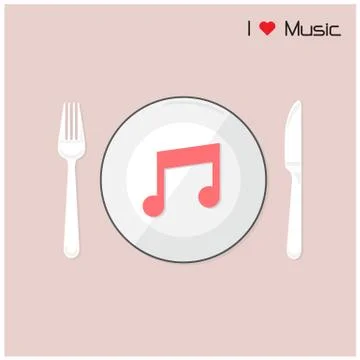 Creative music note sign on disk with fork and spoon, i love music concept. Stock Illustration