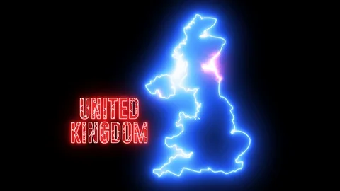 Creative neon map of United Kingdom continent. Shiny glowing outline Stock Footage 115123662