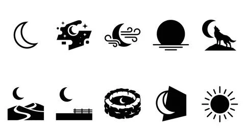 Creative night sky and moonscape vector icons featuring stylized celestial .. Stock Illustration