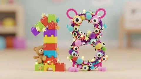 Creative number display with building blocks and toys Illustrazione stock