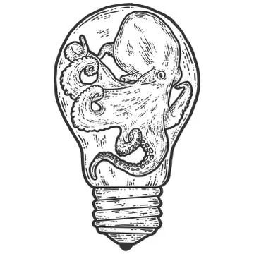 Creative, octopus in an aquarium light bulb. Sketch scratch board imitation. Stock Illustration