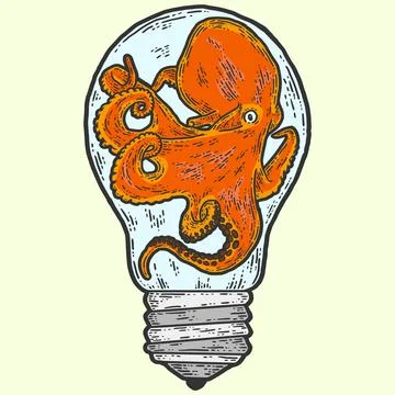 Creative, octopus in an aquarium light bulb. Sketch scratch board imitation. Stock Illustration