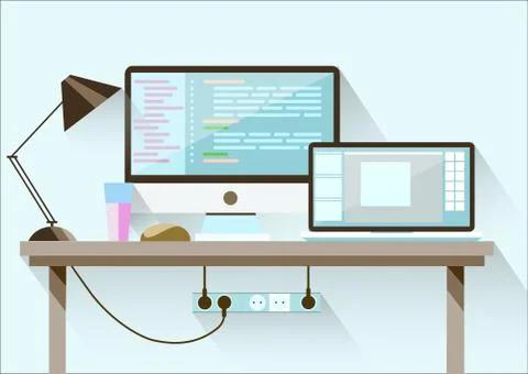 Creative office desktop workspace. Flat design. Stock Illustration