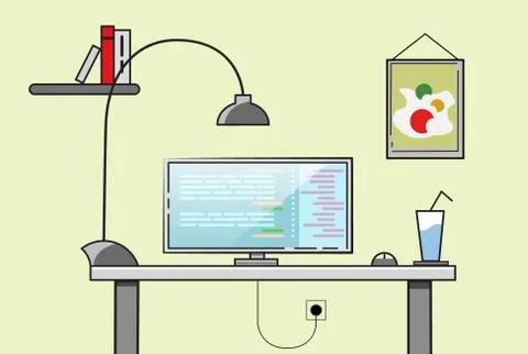 Creative office desktop workspace. Yellow vector mock up Stock Illustration