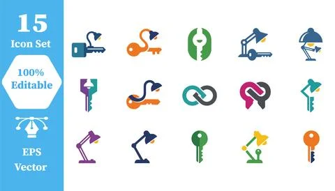 Creative office light bulb and key icon collection with creative, connection Stock Illustration
