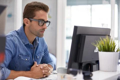 Creative, online and man with computer in business, typography and graphic .. Stock Photos