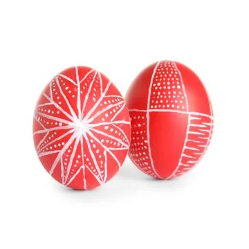 Creative painted red Easter eggs on white background Foto stock