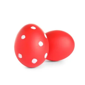 Creative painted red Easter eggs on white background Foto stock