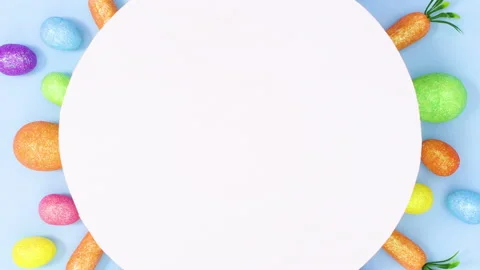 Creative paper card note in circle surrounded with eggs and carrots. Stop motion 스톡 동영상 149929421