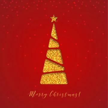 Creative paper Christmas tree, made of gold glitter sparkling particles on red Stock Illustration