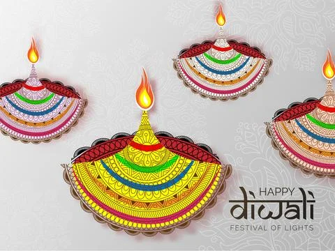 Creative paper cut style, illuminated oil lamps on gray background for Diwa.. Stock Illustration