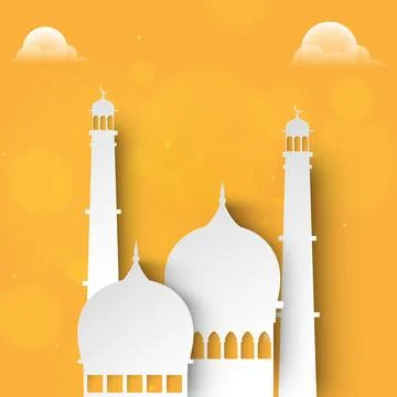 Creative paper cutout of Mosque on yellow cloudy background for Muslim Comm.. Stock Illustration