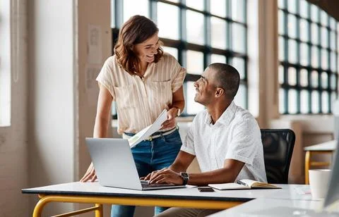 Creative, paper or team in office with laptop, campaign brief or manager fe.. Stock Photos
