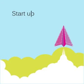 Creative paper rocket sign and white cloud on blue sky, conceptual of start u Stock Illustration
