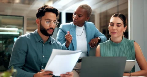 Creative, paperwork and people with laptop in office, copywriting and teamwork Stock Footage 336309339