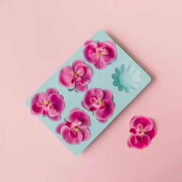 Creative pastel flat lay made of blue muffin baking mold and pink orchid flow Foto stock