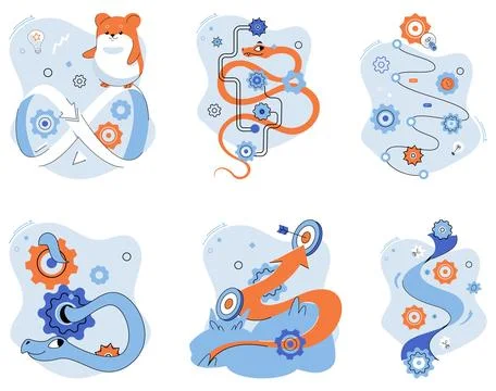 Creative Paths and Solutions with Playful Hamster and Gears Illustrations Stock Illustration