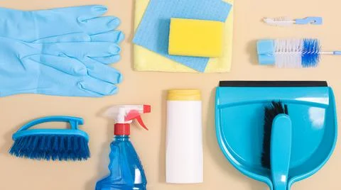 Creative pattern and layout with zero waste domestic cleaning tools. Flat lay Stock Photos